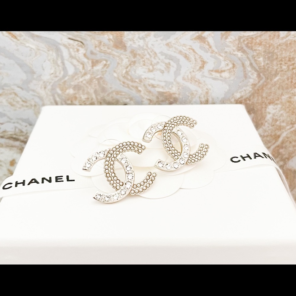 Chanel 21K Large CC Crystal Pearl Gold Earrings